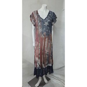 Cal Style USA Maxi Dress Womens 2XL Blue Red American Flag Rhinestone D1458E